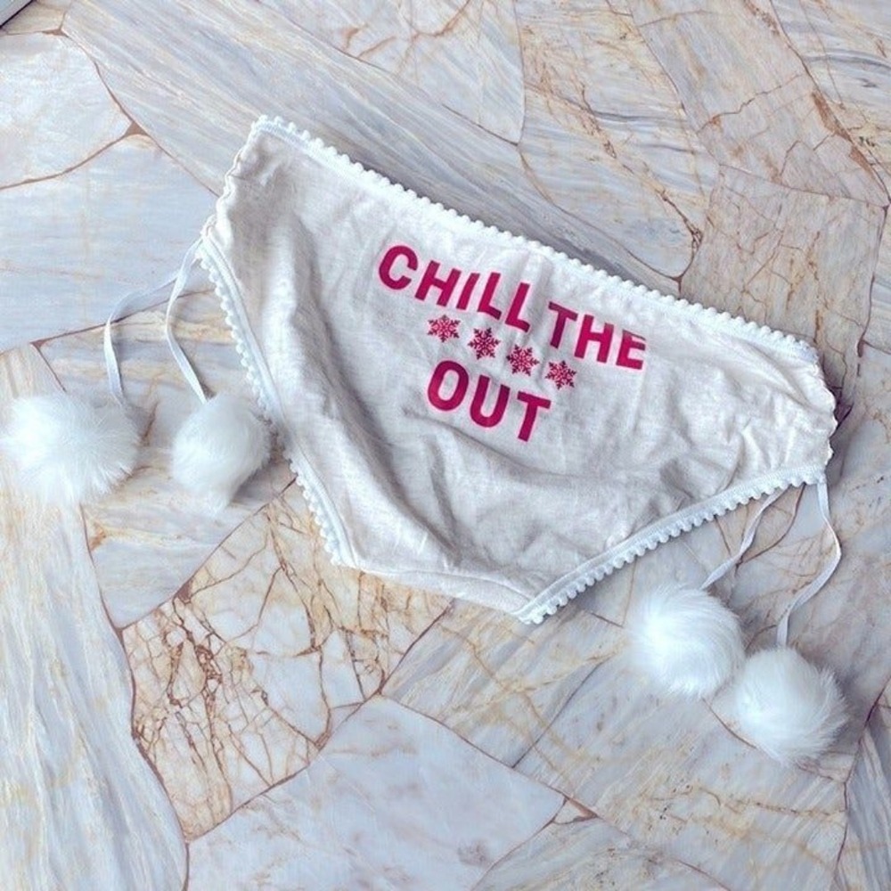 Victoria's Secret chill the F out snowflake beige pom-pom tie side ruched Small